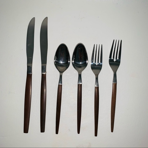 Vintage Ekco Eterna Wood handle Flatware set Mid Century Modern - Picture 3 of 8